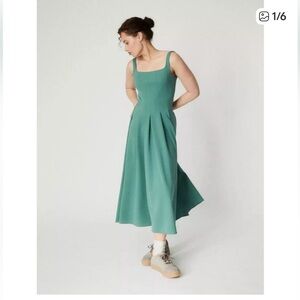 NEW COS Pleated Jersey Square Neck Teal Green Fit & Flare Maxi Dress, Large